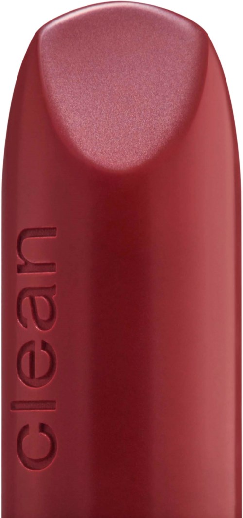 A red lipstick with a rounded top and the word 'clean' embossed vertically on the side.