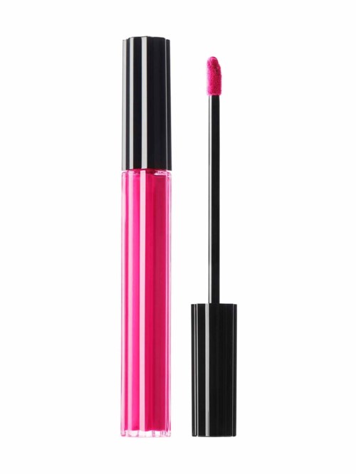 Pink läppglansrör med svart lock och applikatorborste. Borsten har rosa gloss på sig.