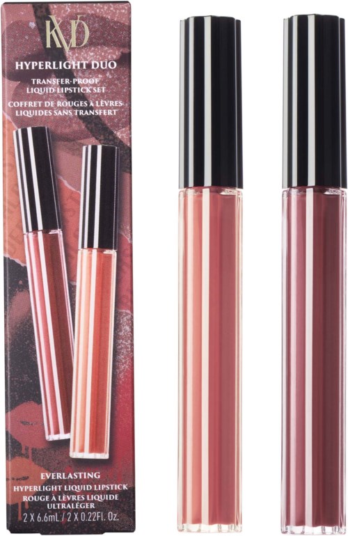 Two lip gloss tubes with black caps and a box showing product details, pinkish shades, sleek design.