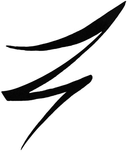 En djärv, abstrakt svart logotyp med skarpa, flytande linjer och en modern design.