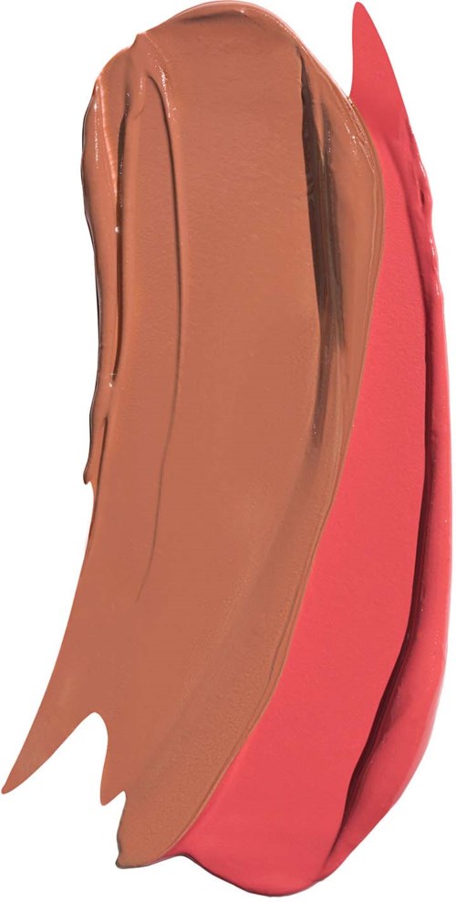 A makeup brush with brown and pink cream products swatched on it.