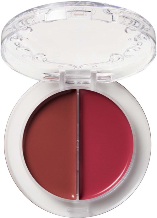 A compact case with two lip gloss shades, one light brown and one deep pink, in a clear lid container.