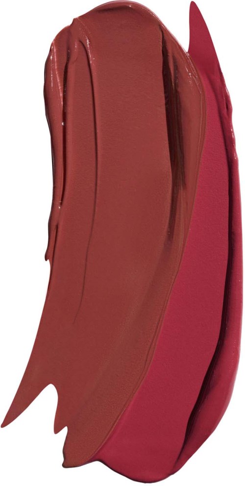 Two different shades of red lipstick swipes with a shiny finish.