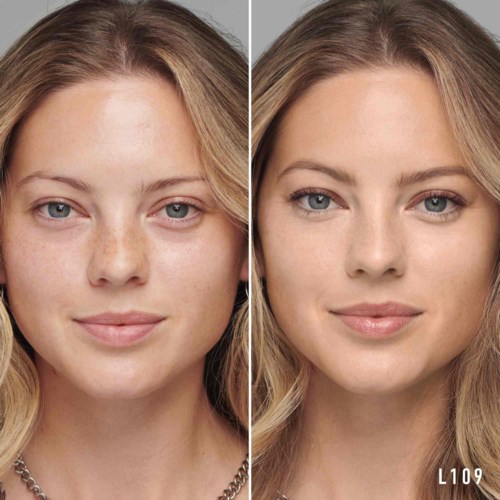 Side-by-side photos show a woman's face before and after makeup, with clearer skin and enhanced features on the right.