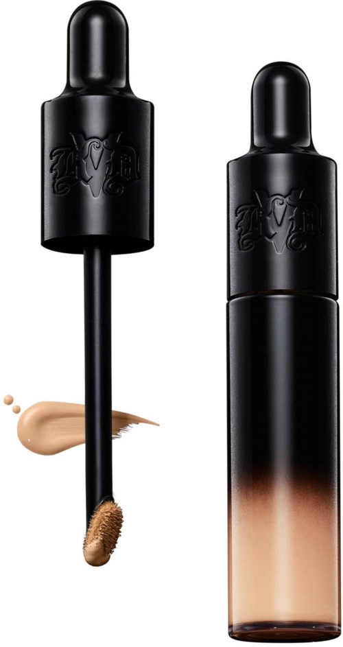 Black bottle with a dropper, contains liquid foundation, with a swatch showing skin tone blending into the bottle.