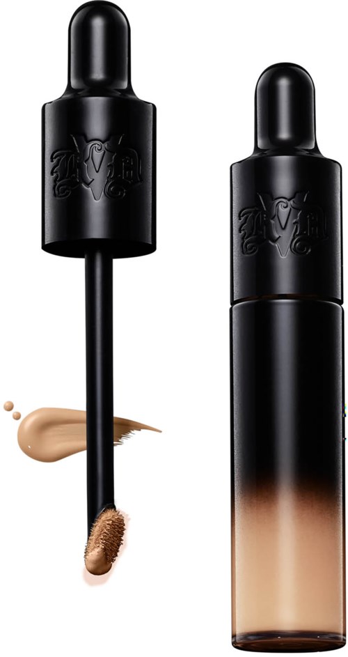 A black lipstick bottle with a dropper, showing beige liquid and product application. The bottle has an embossed logo.