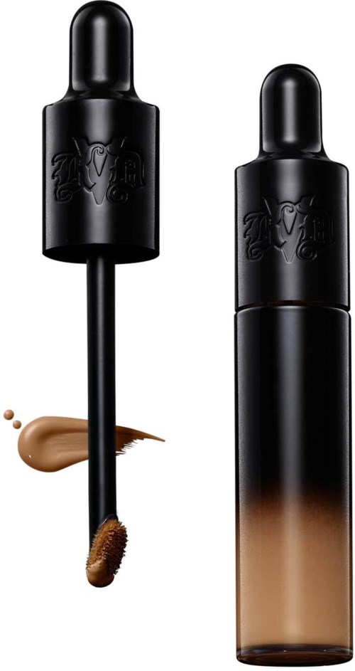 Two mascara bottles, one open with wand, both black with embossed design, brown liquid in a container.