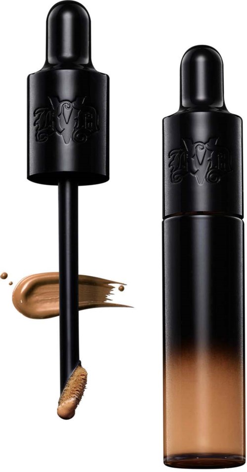 A black bottle with a dropper, showing applying makeup, with a gradient from black to brown. The dropper has makeup on it.