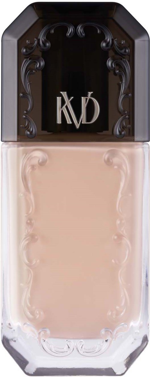 Eine Flasche mit schwarzem Deckel und einem Logo mit 'KVD'.