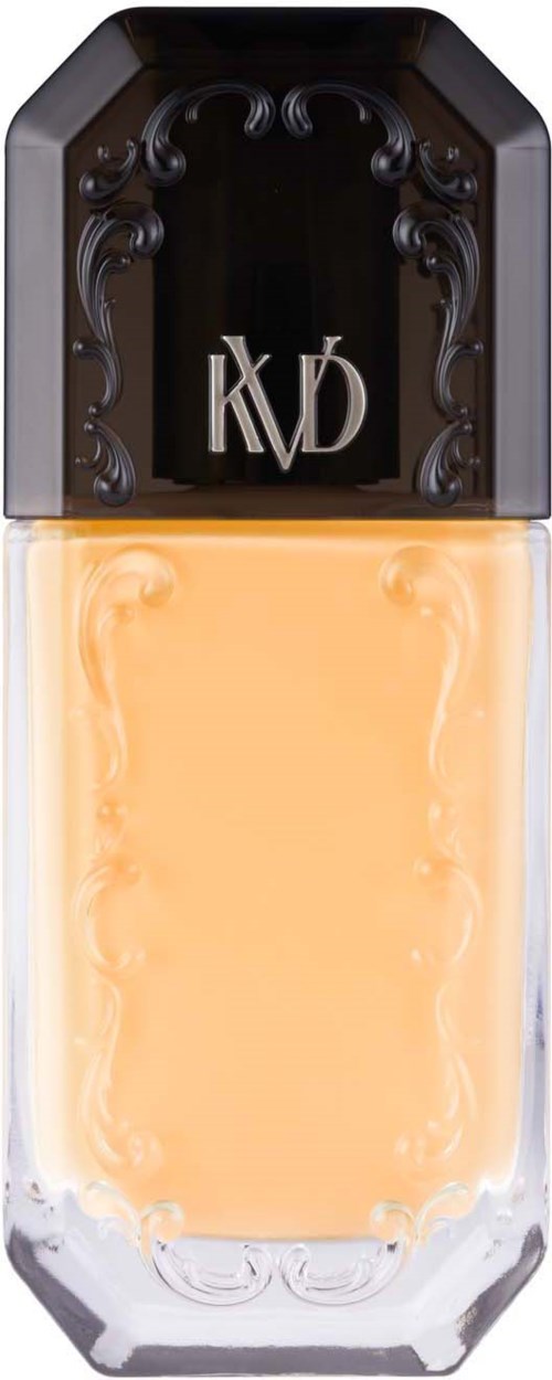 Eine beige flüssige Foundation in einer Glasflasche mit einem schwarzen und braunen dekorativen Deckel und 'KVD'-Logo.