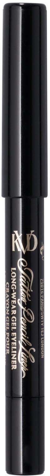 A black pen-shaped item with gold writing on a grey background, possibly a makeup product or pen.