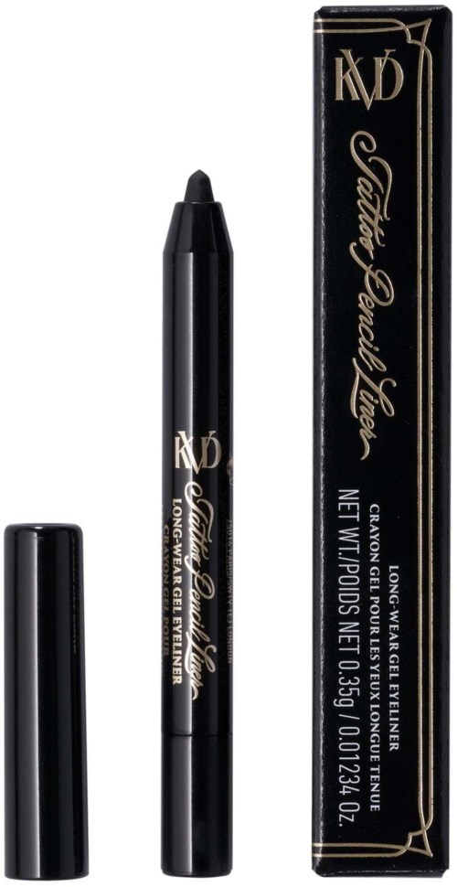 A black eye pencil with a gold logo and a black box with gold and white text.