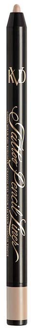 A black and beige makeup pencil with gold and white text, saying 'KVD Beauty True Love' on a black background.