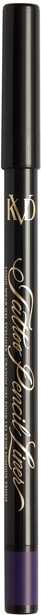 A black eyeliner pencil with purple tip and gold writing, labeled 'KVD Beauty Tattoo Pencil'.