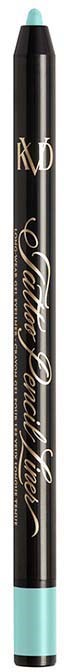 En svart sminkepenn med lyseblå ende, merket 'KVD Beauty True Love' i gullskrift.