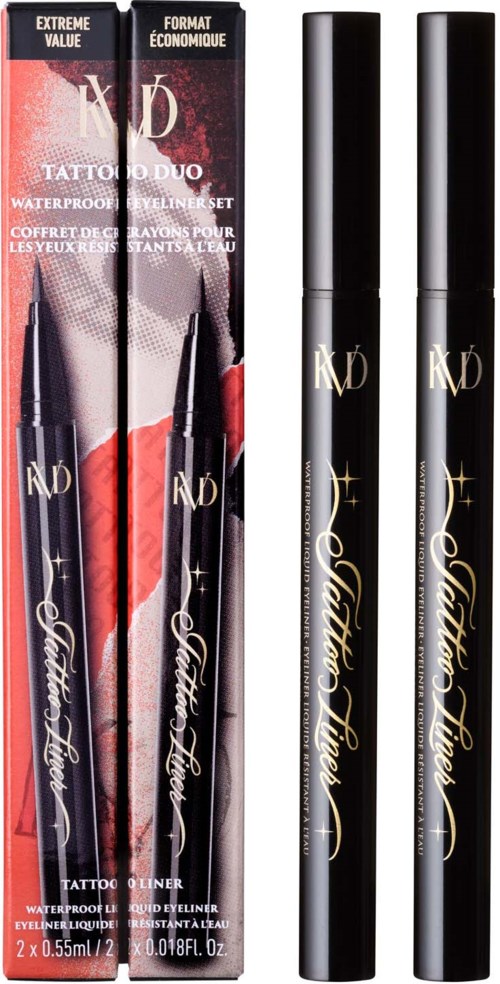 Two black waterproof liquid eyeliner pens with gold accents and a red and black packaging box.