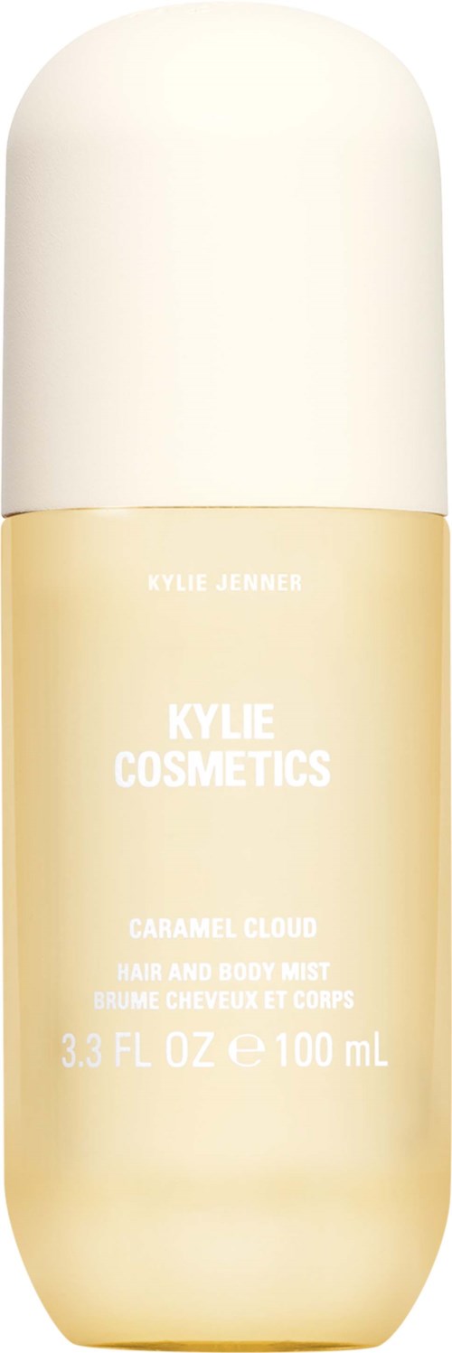 En lys gul sprayflaske til Kylie Cosmetics Parfum Cloud Hair and Body Mist fra Kylie Jenner.