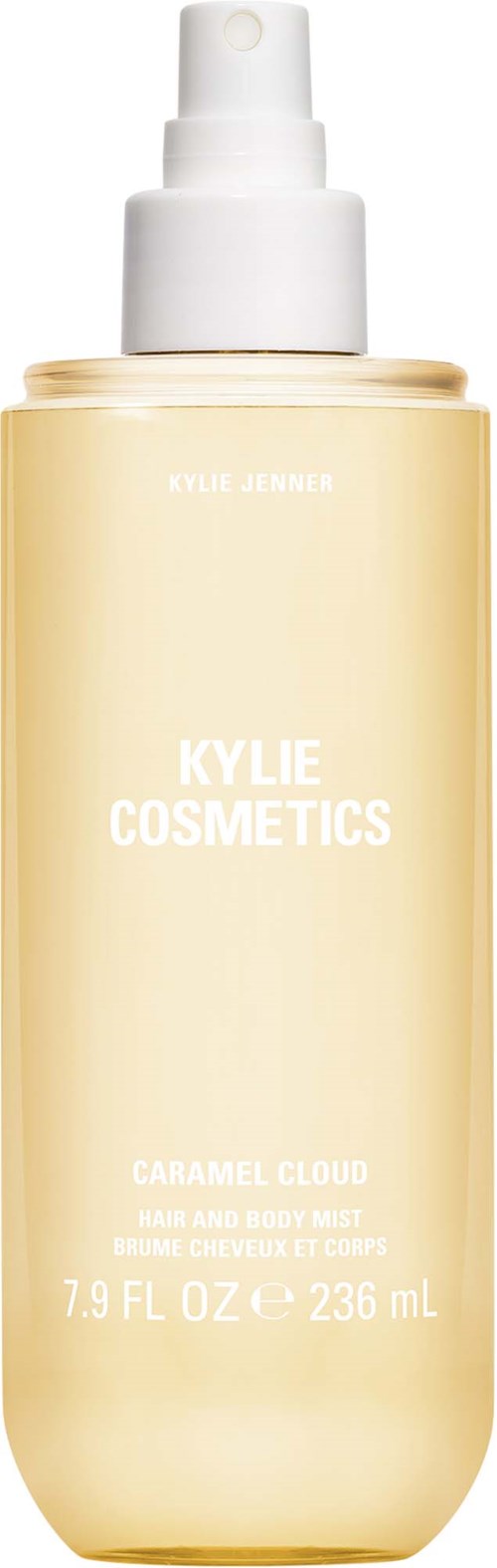 A Kylie Cosmetics bottle with a pump, labeled Caramel Cloud, contains mist, and has a light beige color.