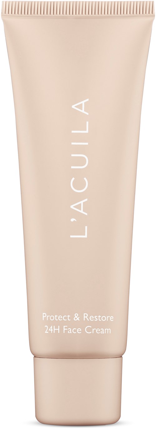 Beige tube met La Roche-Posay gezichtscrème met witte tekst, getiteld 'Protect & Restore 24H Face Cream.'