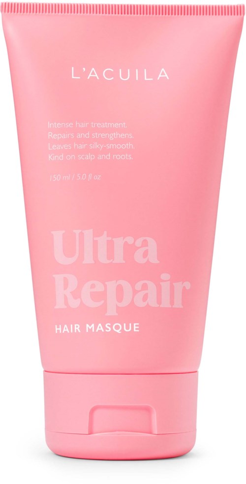 Valkoinen tekstiä sisältävä pinkki hiusnaamion putkilö, jossa lukee 'Ulta Repair Hair Masque' ja 'L'Aquilà' yläosassa.