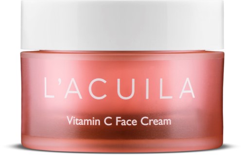 Pink jar of L'ACuila Vitamin C Face Cream with a white lid.