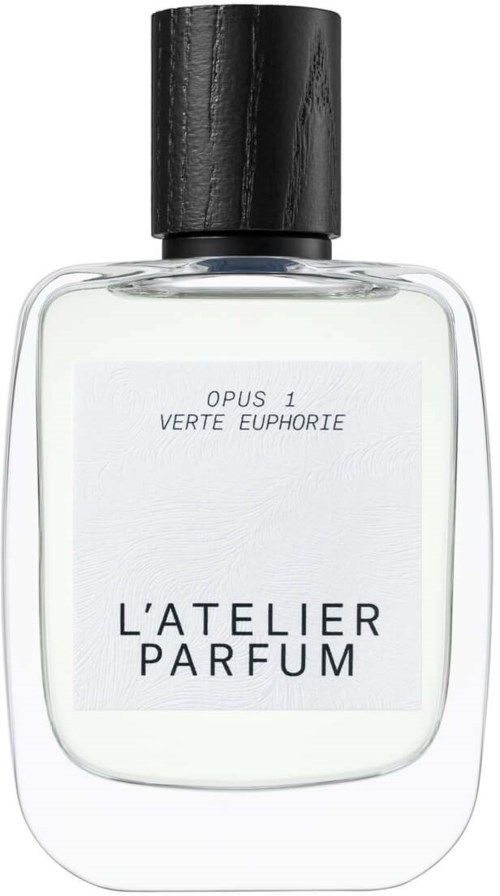 Przezroczysta butelka perfumowa z czarnym korkiem, oznaczona 'L'ATELIER PARFUM' i 'Opus 1 Verte Euphorie.'