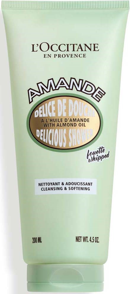 L'Occitane almond shower cream, softens and cleanses skin, with almond oil, in a light green tube.