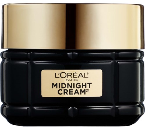 En liten svart burk med guldlock, märkt 'L'Oréal Paris Midnight Cream.'