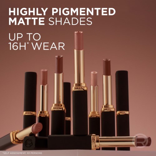 The image shows several lipstick tubes with matte shades in various colors, arranged with some lying down and others standing.