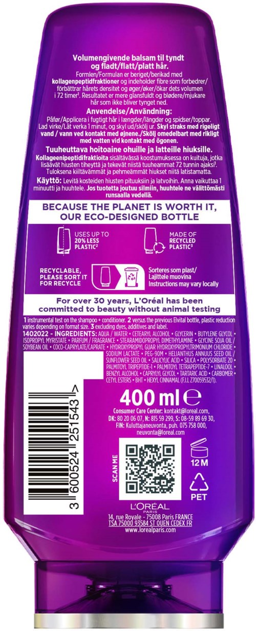 Lilla shampoo-flaske med tekst og symboler, understreger miljøvenlighed og genanvendelse, indeholder 400 ml.