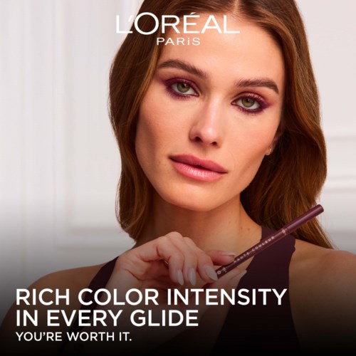 A woman with makeup holds a purple lipstick, with 'L'Oréal Paris' and the text about color and confidence.