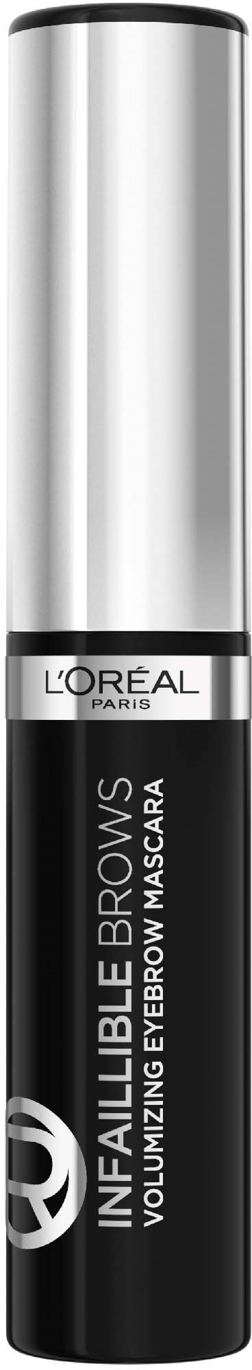 Mustavalkoinen ja hopeinen ripsivärituubi L'Oréal-merkinnällä ja nimellä 'Volumizing Eyebrow Mascara'.
