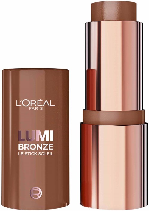 L'Oréal Lumi Bronze -puikko ruskealla kannella ja kiiltävällä, ruusukullanvärisellä rungolla. Se on meikkituote.