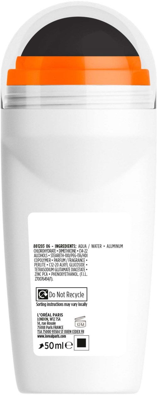 En hvit flaske med svart og oransje lokk, og en etikett med tekst om ingredienser og instruksjoner.