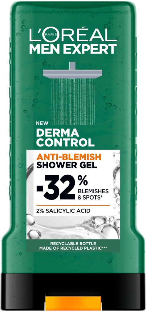Grön duschgelflaska med L'Oréal-märke, nämner anti-blemish formula och 32% blemish-reducering.