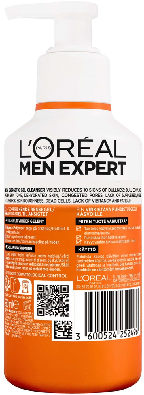 L'Oréal Men Expert rengöringsflaska med orange och vit etikett. Innehåller text och streckkod.