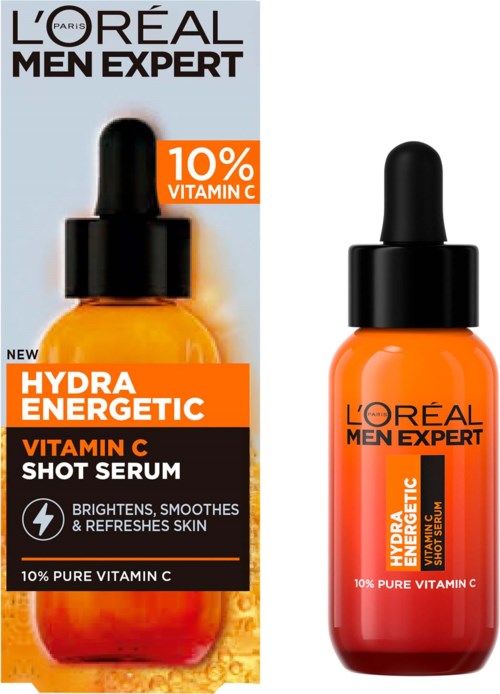 L'Oréal Men Expert Hydra Energetic Vitamin C Shot Serum flaska och box. Ljusar upp och fräschar upp huden med 10% ren C-vitamin.