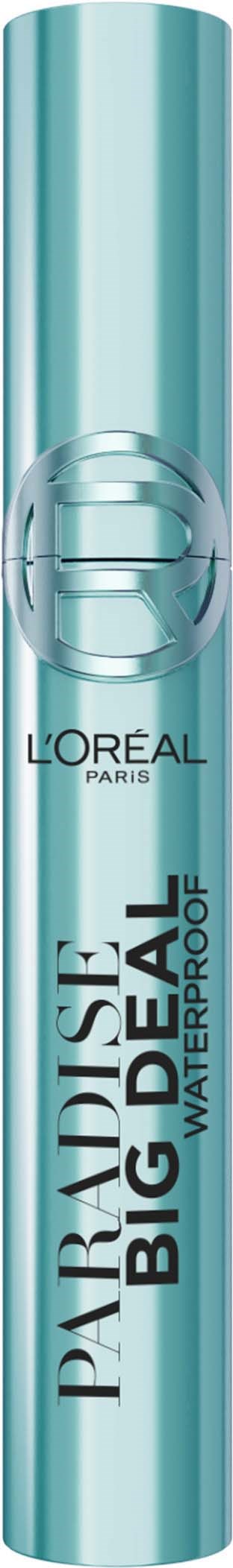 Een lange, blauwe cilindervormige deodorant spray met de woorden 'PARADISE BIG DEAL WATERPROOF' en het L'Oréal-logo.