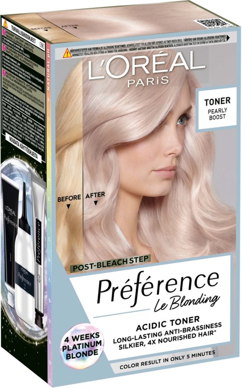 L'Oreal-toneripakkaus vaaleille hiuksille naisen kanssa, näyttää hiusten ennen ja jälkeen hoidon.