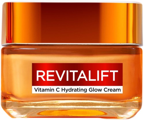 A jar of Revitalift Vitamin C Hydrating Glow Cream with a shiny, gold-colored lid and orange container.