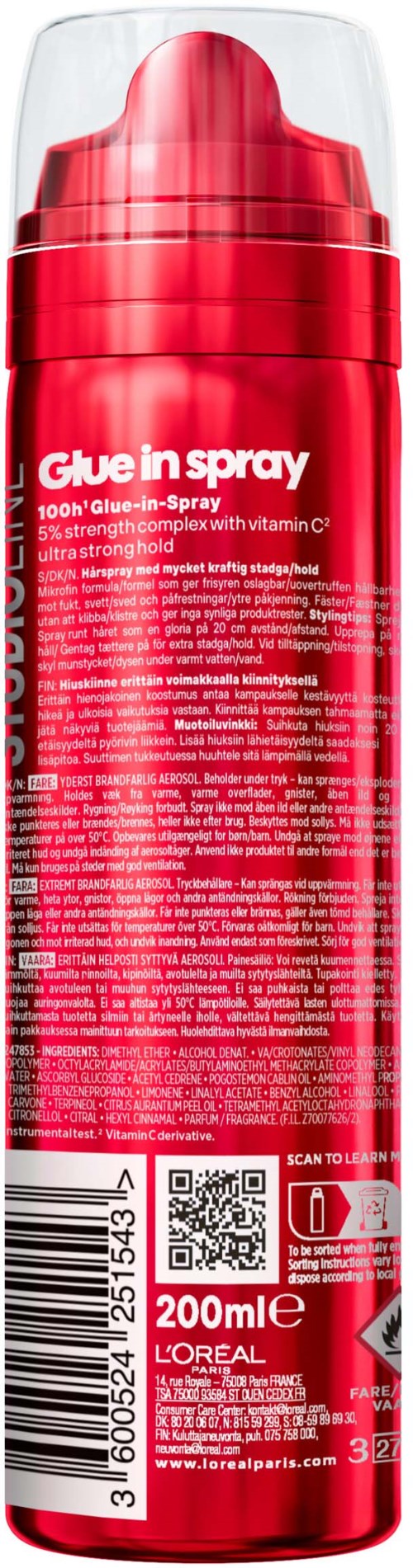 Czerwony spray z etykietą 'Glue in spray' i przezroczystą nakładką, zawiera 200 ml kleju.
