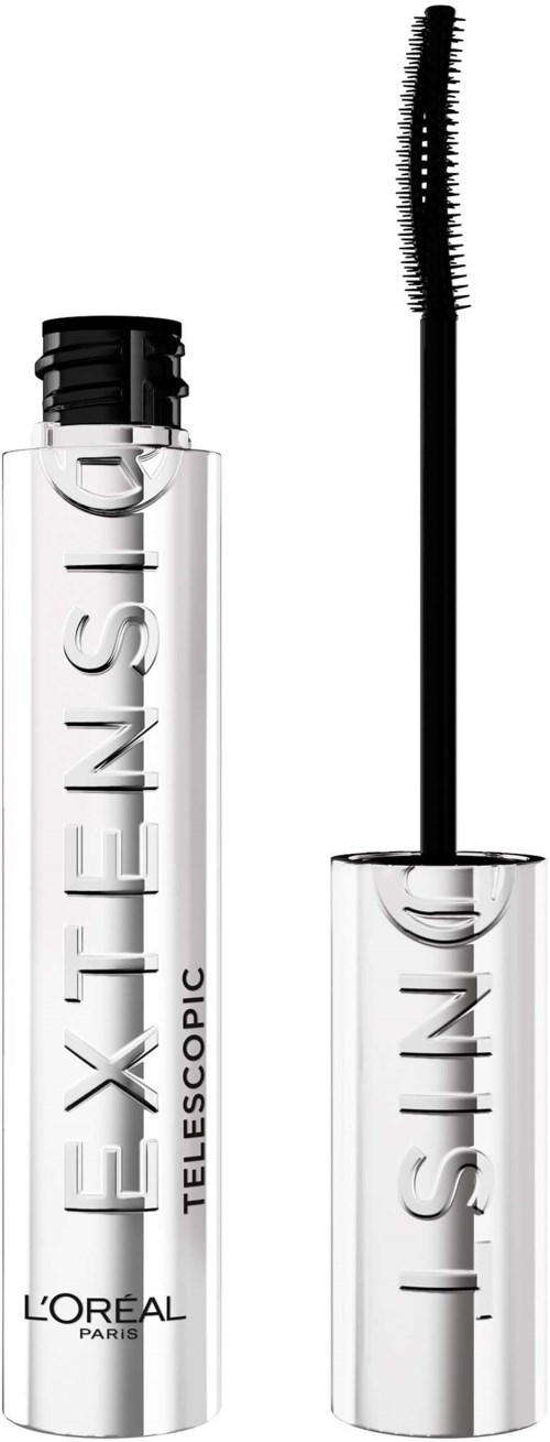 Een doorzichtig buisje met een zwarte dop bevat L'Oreal telescopic mascara. De borstel is gebogen voor de wimpers.