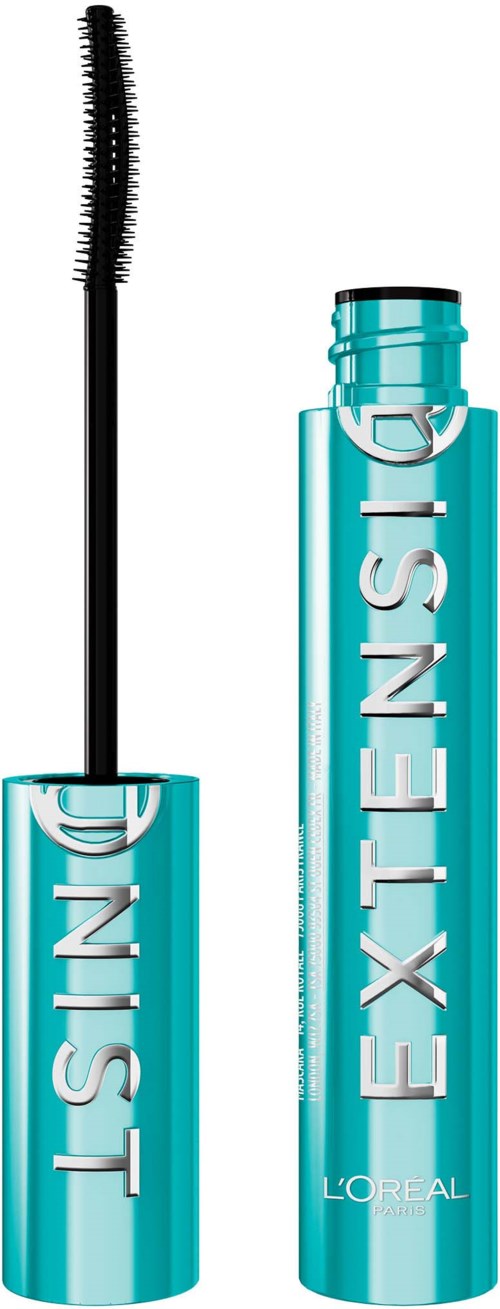 Blauwe mascara tube met applicator, gelabeld "L'Oreal Instensity".