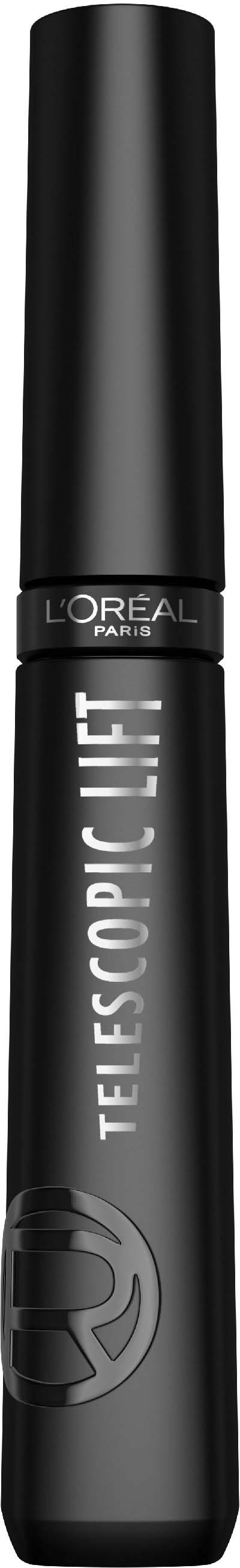 A black mascara tube with white and gray text, labeled 'Telescopic Lift' by L'Oreal Paris.