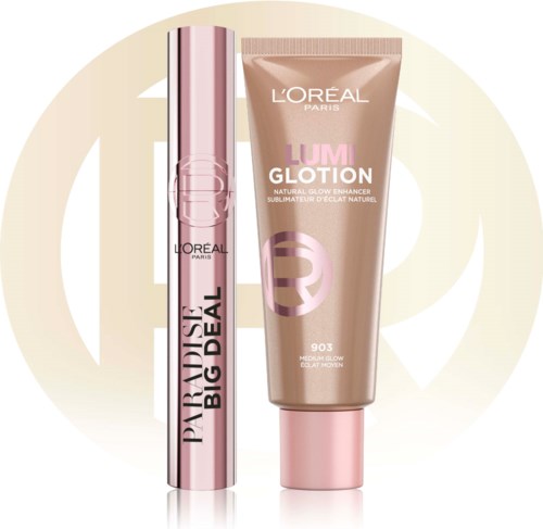Lip gloss and mascara from L'Oreal Paris with pink and beige packaging.