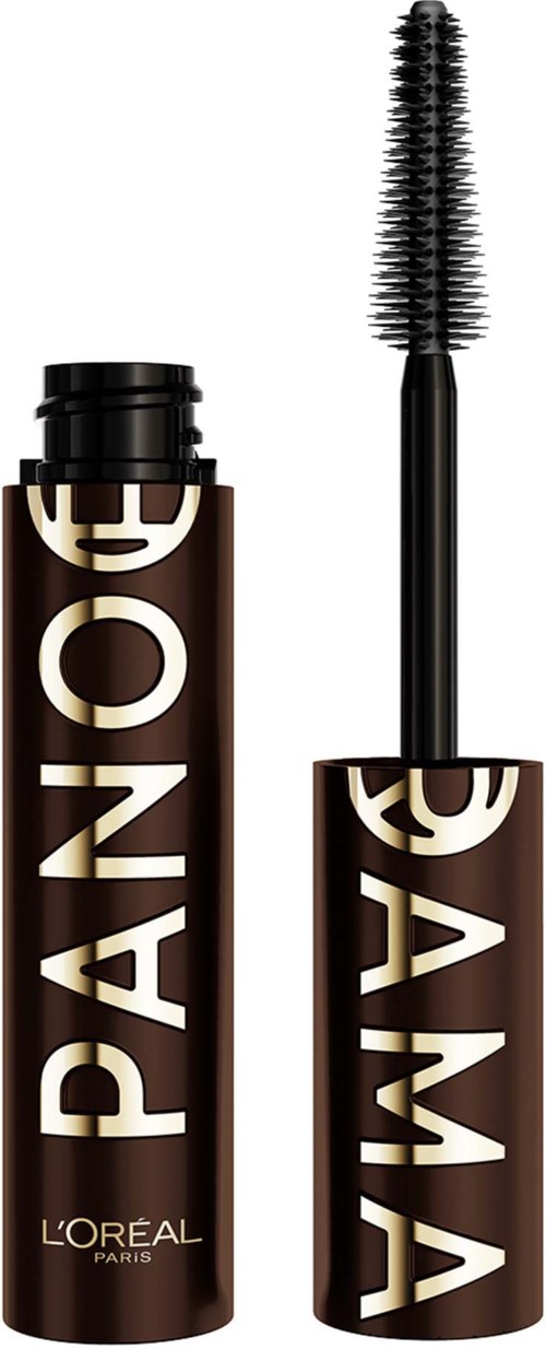 Een mascara-verpakking met de woorden PANDO en L'Oréal, met de borstel ernaast.