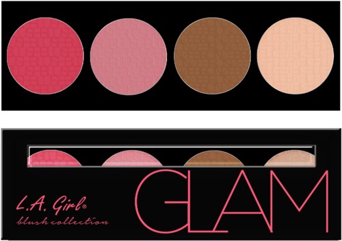 En makeuppalett med fyra cirkulära rougefärger: röd, rosa, brun och ljusbeige, med varumärkesnamnet GLAM.