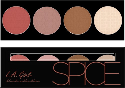 Fyra runda blush-färger: rosa, rosa, brunt och beige. Svart bakgrund med texten "L.A. Girl blush collection" och "S P A R C E".