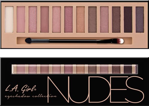 En rosa ögonskuggspalett med tretton nyanser och en liten appliceringsborste. Förpackningen visar "Nudes" och "L.A. Girl".