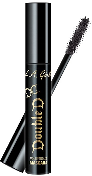 En svart mascara-tub med guld- och vitt text, och en borste för att applicera mascara.